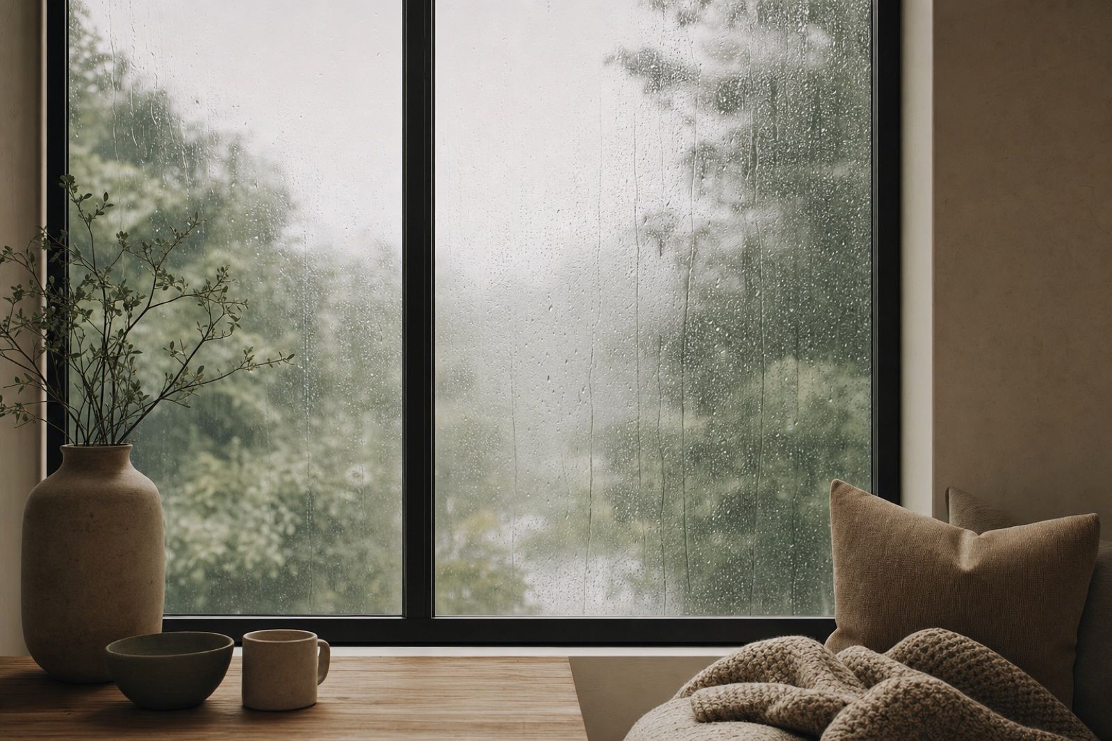 A quiet interior beside a rain-streaked window